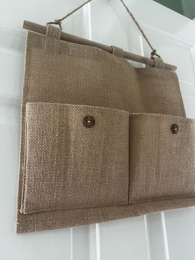 Rustic Burlap Wall Organizer Vintage Style Hanging Storage with Wooden Accents