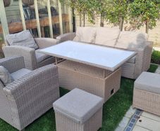 Ratten Garden Furniture including sofa, 2 armchairs, 2 stools, and height adjustable table
