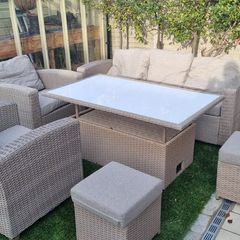 Ratten Garden Furniture including sofa, 2 armchairs, 2 stools, and height adjustable table