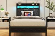 Single Bed Frame with LED Lights Storage Upholstered Headboard and Charging Station