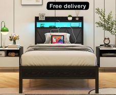 Single Bed Frame with LED Lights Storage Upholstered Headboard and Charging Station