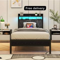 Single Bed Frame with LED Lights Storage Upholstered Headboard and Charging Station