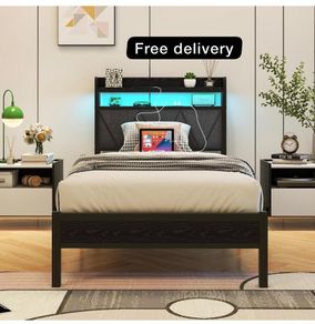 Single Bed Frame with LED Lights Storage Upholstered Headboard and Charging Station