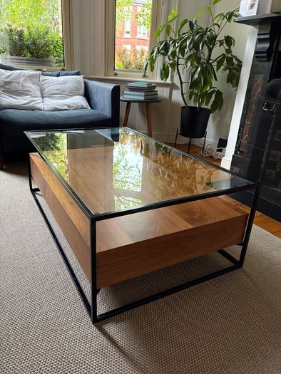 Walnut and glass coffee table