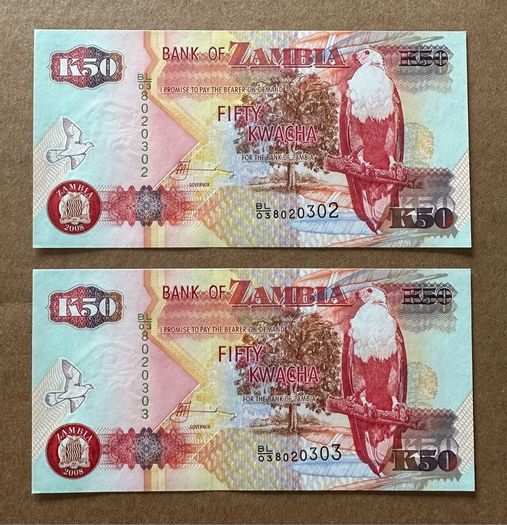 Zambia 2x50 Kwacha 2008 Consecutive Banknotes