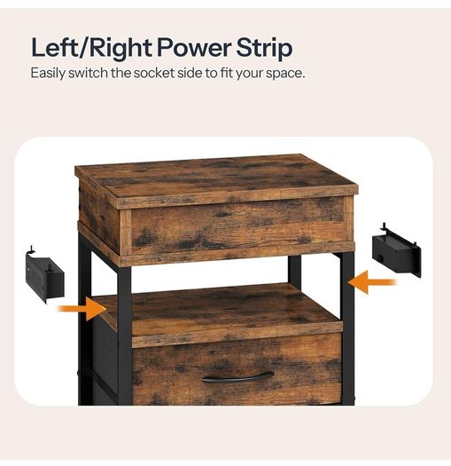 Bedside Table with Charging Station, Side Table with 4 Drawers, 2 AC Outlets, 1 USB-A, 1 Type-C, Nightstand for Bedroom, Living Room, Rustic Brown and Black