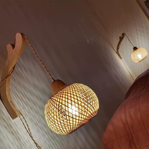 Wooden Indoor Wall Light, Vintage Wall Lamp with Plug and Switch, E27 Retro Bamboo Lantern, Rattan Bedside Lamp for Living Room, Bedroom, Stairs, Hallway (Bulb Not Included)