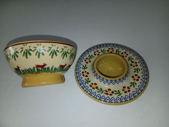 Rare ? Small red dog or pig pattern bowl and old rose eggcup