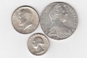 Maria Theresa Thaler , 83.3% Silver Coin, Restrike, &amp;1964 Kennedy 90% silver coin &amp; 1963 Quarter 90% silver coin ( No. 475)