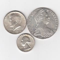 Maria Theresa Thaler , 83.3% Silver Coin, Restrike, &1964 Kennedy 90% silver coin & 1963 Quarter 90% silver coin ( No. 475)