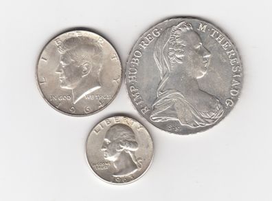 Maria Theresa Thaler , 83.3% Silver Coin, Restrike, &1964 Kennedy 90% silver coin & 1963 Quarter 90% silver coin ( No. 475)