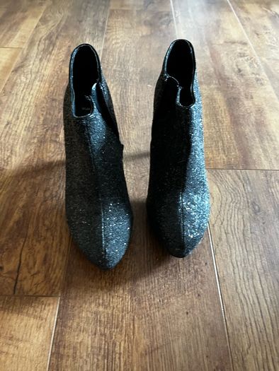 Black glitter ankle high heel boots