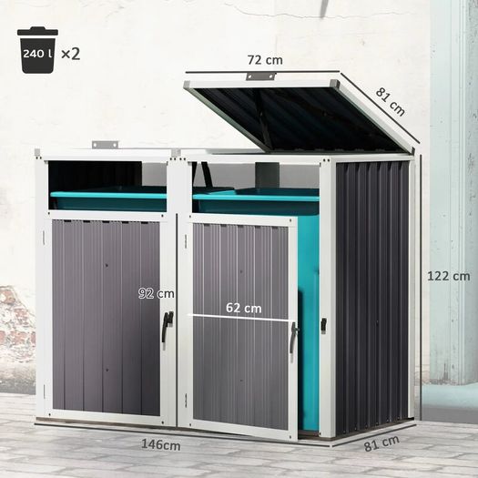 2 x 240 L Bins Outdoor Bin Cover 180 Lift-Up Lid Galvanized Steel