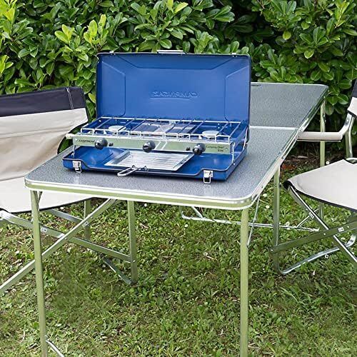 Chef Folding Double Burner Stove and Grill, compact gas cooker for camping or festivals, Blue
