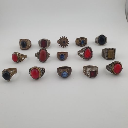 15 Antique Style Brass Rings Mixed Stone & Colourful Glass Accents