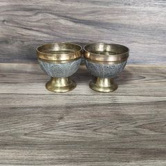 Vintage Brass Pompei Chalice Bowl Goblet Pair Twin Sand Cast Antique Collectable