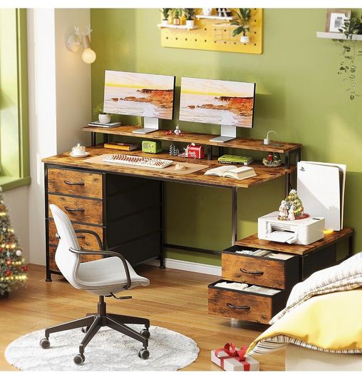 128cm Desk with Fabric File Cabinet, Computer Desk with Shelves and Drawers