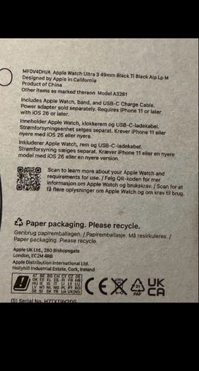 Apple Watch Ultra 3,49mm (IRISH STOCK) Black /Natural Brand New Sealed 1 year Apple Warranty RECEIPT