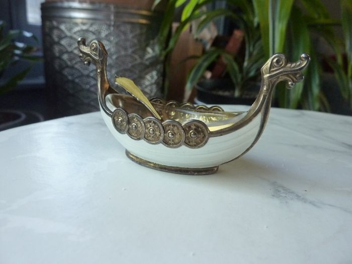 Theodor Olsens Eftf Norway Sterling Enamel Viking Ship Salt Cellar with NM Thune Enamelled Silver Spoon
