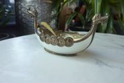 Theodor Olsens Eftf Norway Sterling Enamel Viking Ship Salt Cellar with NM Thune Enamelled Silver Spoon