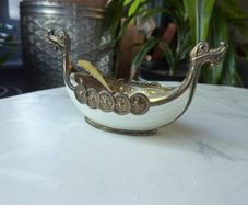 Theodor Olsens Eftf Norway Sterling Enamel Viking Ship Salt Cellar with NM Thune Enamelled Silver Spoon