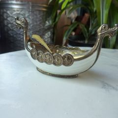 Theodor Olsens Eftf Norway Sterling Enamel Viking Ship Salt Cellar with NM Thune Enamelled Silver Spoon
