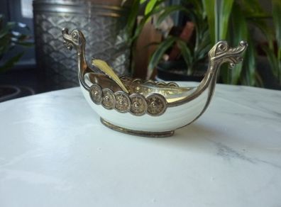 Theodor Olsens Eftf Norway Sterling Enamel Viking Ship Salt Cellar with NM Thune Enamelled Silver Spoon