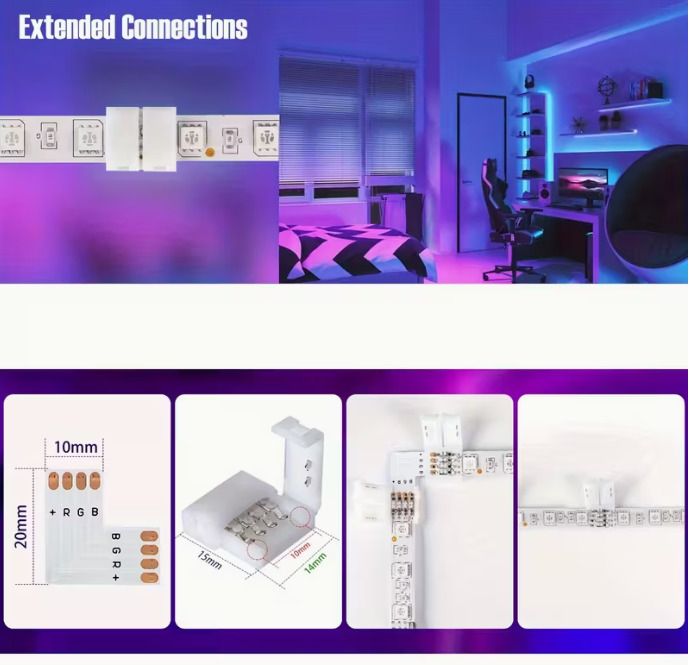 25pcs 2Pin/4 Pin LED Light Strip Connectors Set Including Screw Clips, 8Mm/10Mm 4 Pin LED Connectors, Cuttable T, L Shape PCB Board for SMD 5050 RGB Strip Lights Gapless Connector