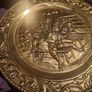 Vintage Embossed Brass Wall Hanging Plates Pair Tavern Pub Scene Image 2