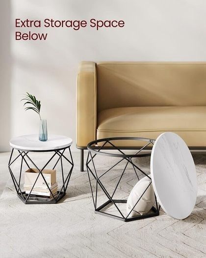 NEW SALE | Round Coffee Tables, Set of 2 Side Tables, Modern Style, Removable Tabletop, Steel Frame, for Living Room, White and Black