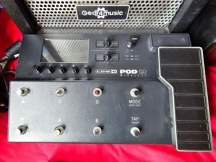 guitar and bass pedals, footdrums, bass amp and wearable metronome