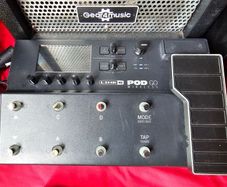guitar and bass pedals, footdrums, bass amp and wearable metronome