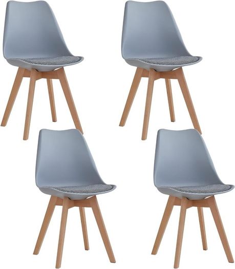 Set of 4 Solid Beech Dining Chairs Retro Upholstered Kitchen Chair Wooden Grey