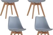 Set of 4 Solid Beech Dining Chairs Retro Upholstered Kitchen Chair Wooden Grey