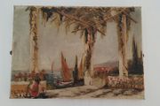 Antique mediterranean harbour scene - oil on canvas