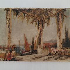Antique mediterranean harbour scene - oil on canvas