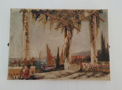 Antique mediterranean harbour scene - oil on canvas