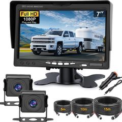 Dual Backup Camera Kit with 7-Inch Monitor, 1080P AHD, 150Deg Wide-Angle View & Parking Guidelines for Trucks, Cars, RVs & Trailers