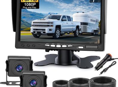 Dual Backup Camera Kit with 7-Inch Monitor, 1080P AHD, 150Deg Wide-Angle View & Parking Guidelines for Trucks, Cars, RVs & Trailers