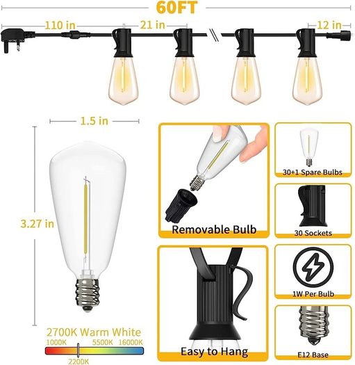Outdoor LED String Lights 60FT, 18M ST38 Garden Festoon Light Mains Powered, Waterproof LED Hanging Lighting for Outside Indoor Patio Cafe Party, 2700K Warm White 30+1 Plastic Bulbs (FREE SHIPPING)
