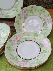 Bell china, square china plates, china saucers, green china