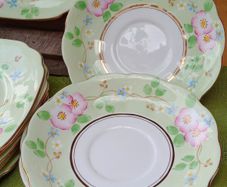 Bell china, square china plates, china saucers, green china