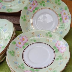 Bell china, square china plates, china saucers, green china