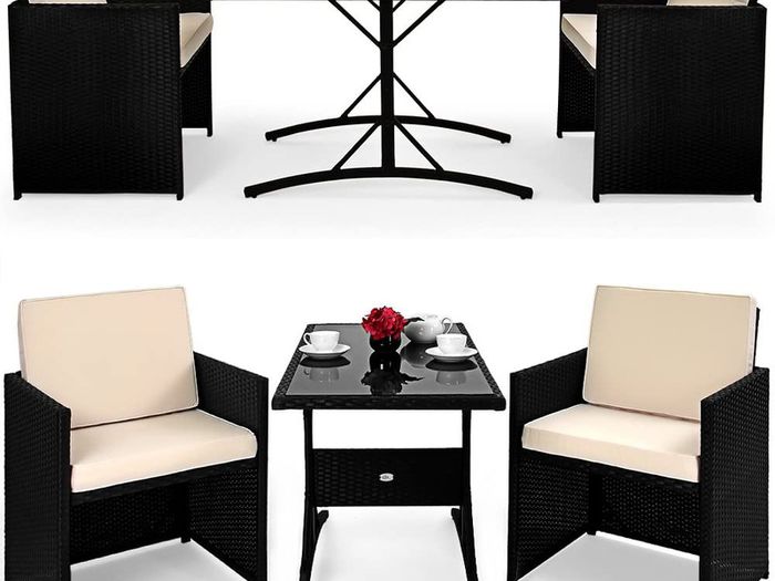Poly rattan Balcony Cube Set, 7-cm thick cushions, 2 Chairs & 1 Table, 3-piece Garden Furniture Set