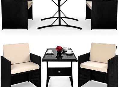 Poly rattan Balcony Cube Set, 7-cm thick cushions, 2 Chairs & 1 Table, 3-piece Garden Furniture Set