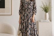 Ladies black-based floral print midi dress: Size 10