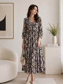 Ladies black-based floral print midi dress: Size 10
