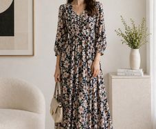 Ladies black-based floral print midi dress: Size 10