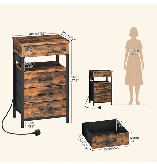 Bedside Table with Charging Station, Side Table with 4 Drawers, 2 AC Outlets, 1 USB-A, 1 Type-C, Nightstand for Bedroom, Living Room, Rustic Brown and Black