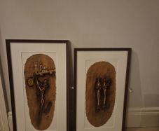 Beautiful pair of mid century style abstract paintings,African/tribal motif,skibreen framed